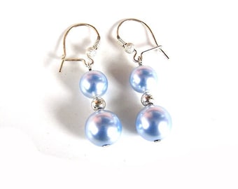 Swarovski Light Blue Crystal Pearl Earrings, Sterling Silver, Long Dangle Earrings