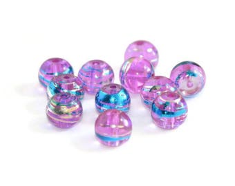 10 translucent pink, silver and blue glass beads 8mm