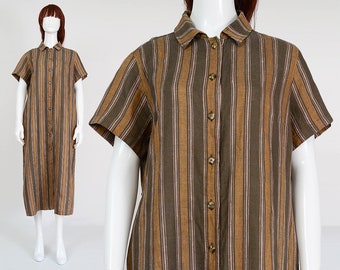90s Striped Linen Market Dress | size Large | Collared Button Down Front Short Sleeve Maxi Dress with Pockets Olive Green Gold | L