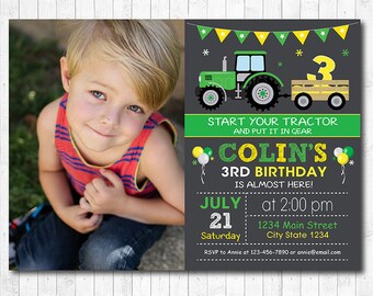 Tractor Birthday Invitation, Tractor Invite, Farmer Invitation, Photo Invitation, Chalkboard, Digital printable Invitation