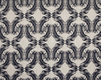 Linen Fabric By the yard Feathers Indigo on Flax