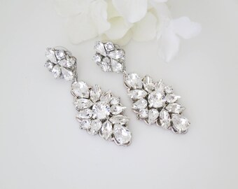 Large statement rhinestone bridal earrings-Long drop earrings-Swarovski crystal chandelier-Antique silver wedding earrings-Hollywood glam