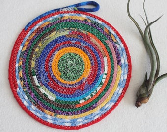 Fabric Coiled Mat / Mug Rug / Trivet / Hot Pad / Coiled Rope Mat / Colourful Carnival Round / by PrairieThreads