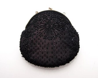 Vintage black satin hand embroidered clutch bag from China 4356