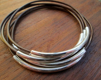 Brown Leather Bangle Bracelet Set, Women's Leather Bracelets, Thin Leather Stacking Brown Silver Tube Bangles, Boho Leather, Skinny Leather