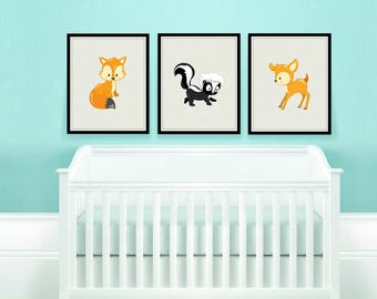 Woodland Nursery Decor, Woodland Animals Printable Wall Art, Deer, Skunk, Fox, Bear, Hedgehog, Squirrel, Raccoon, set of 3, you pick