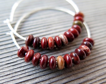 red jasper earrings. natural stone jewelry. hammered sterling silver hoops.