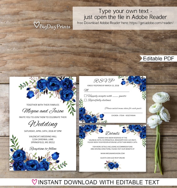 Blue Wedding Invitation Template Royal Blue Wedding