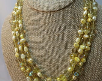 Three Strand Bead Necklace (Buttercup Pearl and Glass bead Necklace)