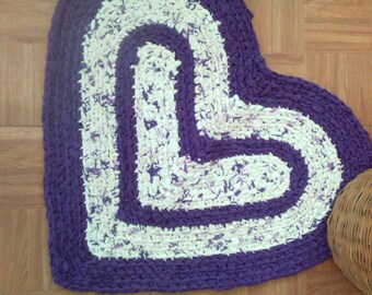 Rag Rug - Heart Shaped Crocheted Rug - 30" x 26" - Purple and White
