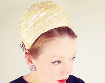 60s Schiaparelli Turban Hat - Golden Brocade with AB Rhinestones