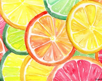 Citrus Watercolors Paintings Ruby Red Grapefruit Lemon