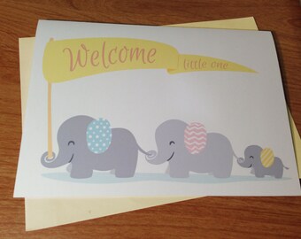 New Baby Cute Elephants Card. Welcome Little One. Yellow, Pink, or Blue