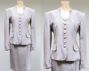 Vintage 1980s Christian Dior Suit / 80s Gray Beige Silk Rayon Jacket Pencil Skirt Suit / Size 6