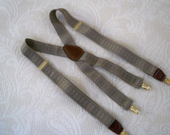 Vintage Accessory Suspenders Tan Geometric Men's Suspenders Brass Clips