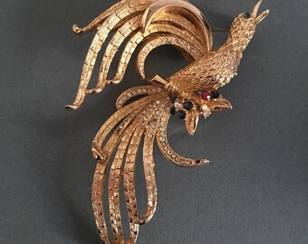 Bird of Paradise Brooch Pin Gold tone with Paste Rhinestones