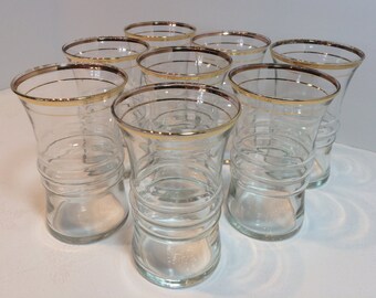 RARE Elegant Anchor Hocking Clear Glass Tumblers with Metallic Gold Rim Border Retro Barware Drinking Glasses Set of 8 Vintage Mid-century