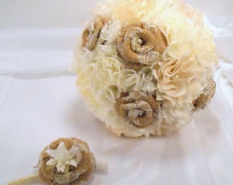 Burlap Bouquet, Bridal Bouquet, Fabric Bouquet, Burlap Bridesmaid Bouquet, Rustic Bouquet, Vintage Bouquet, Burlap and Lace, Wedding Bouquet