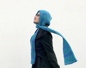 Knit Hooded Scarf, Scarf with Hood, Blue Scoodie, Hand Knitted Hood Scarf, Winter Fashion, Womens Accessories Fall, Unique Gift for Her