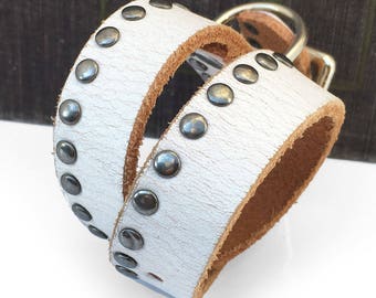 Minimal Style White Leather Dog Collar with Offset Studs, Size S, to fit a 10-13in Neck, Small Dog, Little Dog Collar, EcoFriendly