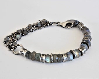 Labradorite bracelet, oxidized sterling silver, labradorite chain bracelet, oxidized silver, artisan jewelry