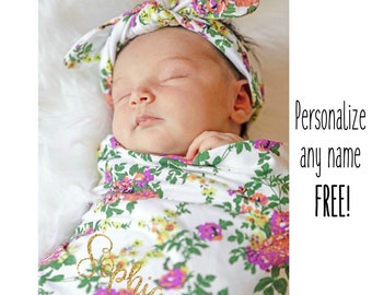 Personalized Baby Blanket & Headband Set - Receiving Blanket Baby Girl Blanket Monogram Swaddle Name Blanket Personalized Baby Girl Gift