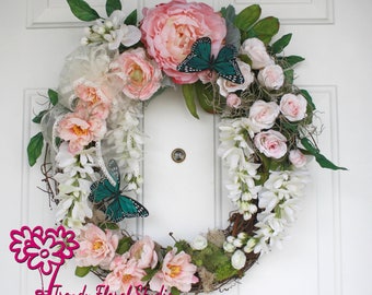 Summer Wisteria Peony Roses Wreath Butterfly Shabby Chic Wedding Decor Cottage ChicWhite Pastel Pink Porch Decor Mother's Day Gift