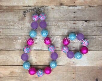 Pink Aqua and Purple Chunky Necklace, Pink Aqua and Purple Baby Necklace, Unicorn Chunky Necklace, Pink and Purple Chunky Necklac