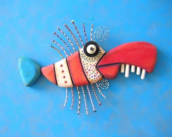 Twisted Tuna, MADE to ORDER, Original Found Object Wall Sculpture, Wood Carving, Wall Decor, by Fig Jam Studio