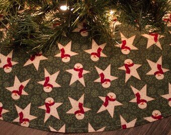 Christmas Tree Skirt- Primitive- Snowman-Star-Barn Star-Country Snowman-Farmhouse-Red-Green-Cream-Primitive Christmas Decor