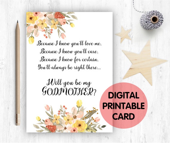 PRINTABLE will you be my godmother card, godmother card, printable godmother card, godmother poem, because I know you'll love me