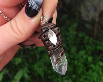 Quartz crystal necklace in polymer clay, moon necklace