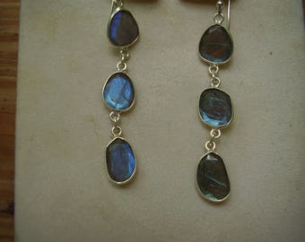 Vintage Long Blue Fire Labradorite Sterling Silver Dangle Earrings