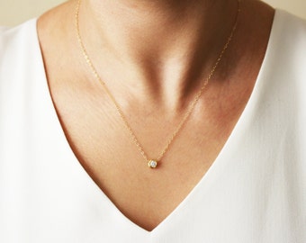 Delicate CZ Necklace / Tiny Diamond Pendant / Gold CZ Solitaire Necklace