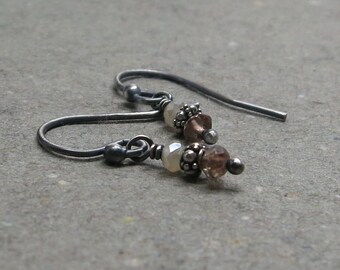 Andalusite Earrings Petite Minimalist Gemstone Stack Pink Beige Oxidized Sterling Silver Gift for Her
