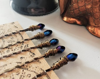 Cobalt Blue Hair Pin Set - Wire Wrapped Antique Brass