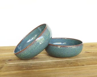 Pottery Soup Bowls in Sea Mist Glaze, Stoneware Ceramic, Teal Handmade Bowls, Rustic Kitchen Bowls, Set of 2