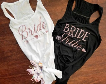 Rose Gold Bachelorette Party Shirts, Rose Gold Bride and Tribe Shirts, Rose Gold Glitter Bridesmaids V-Necks, Rose Gold Bride Tribe Tanks