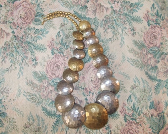 Hammered Silver and Brass tone metal Disc Necklace