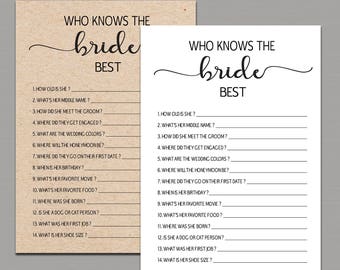 WHO KNOWS the BRIDE best, How Well Do You Know the Bride, who knows the bride best game, Kraft Rustic Bridal Shower Games printable pdf B11
