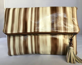 Brown Striped Leather Fold Over Clutch, Leather Clutch, Leather Patent Cross Body Fold Over Purse, Date Night Bag, Women's Leather Shoulder