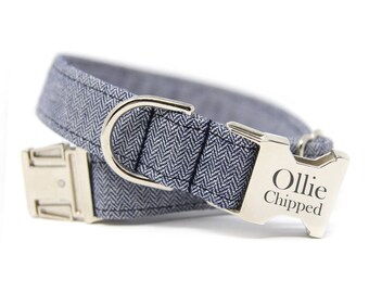 Herringbone Dog Collar, Engraved Herringbone Dog Collar, Personalized Dog Collar-Navy Herringbone