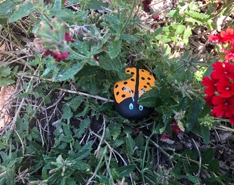 Hand painted orange ladybug garden rock