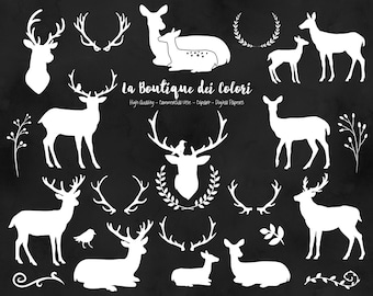 White Deer Silhouette Clipart, Cute Graphics PNG, Christmas deer head, doe, fawn, antlers, rustic wedding Clip art, Commercial Use