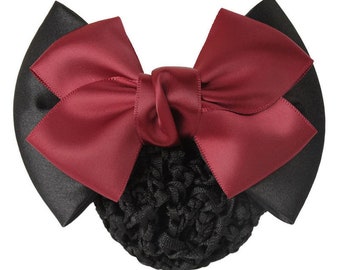 Lace Satin Black Red Bow Bun Cover Snood Barrette Hair Clip