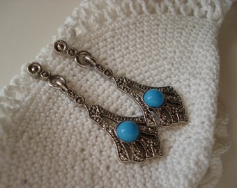 SALE Vintage Art Deco Marcasite Opaque Turquoise Glass Silver Earrings