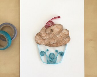 Quilling Paper Tan and Blue Cupcake Home Decor, Chocolate Pale Blue Cupcake, Boys Nursery Decor, Country Cupcake Art, Bakery Art Decor