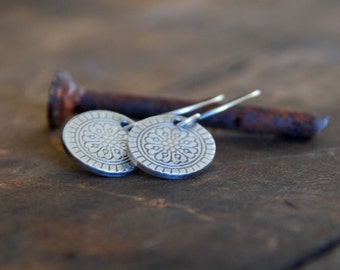 Mandala Earrings - Handmade. Oxidized fine and sterling silver