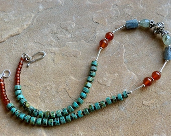 Heishi Sterling Silver Gemstone Necklace/Kyanite Prehnite Red Carnelian Ornate Silver Beads . Rustic Boho Tribal Southwest Style Jewelry