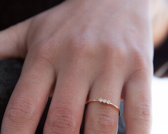 Diamond Gold Ring, Triple Stone Ring, Wedding Ring, Engagement Ring, Gold Stacking Ring, Black Diamond Ring, Diamond Ring, Thin Diamond Ring